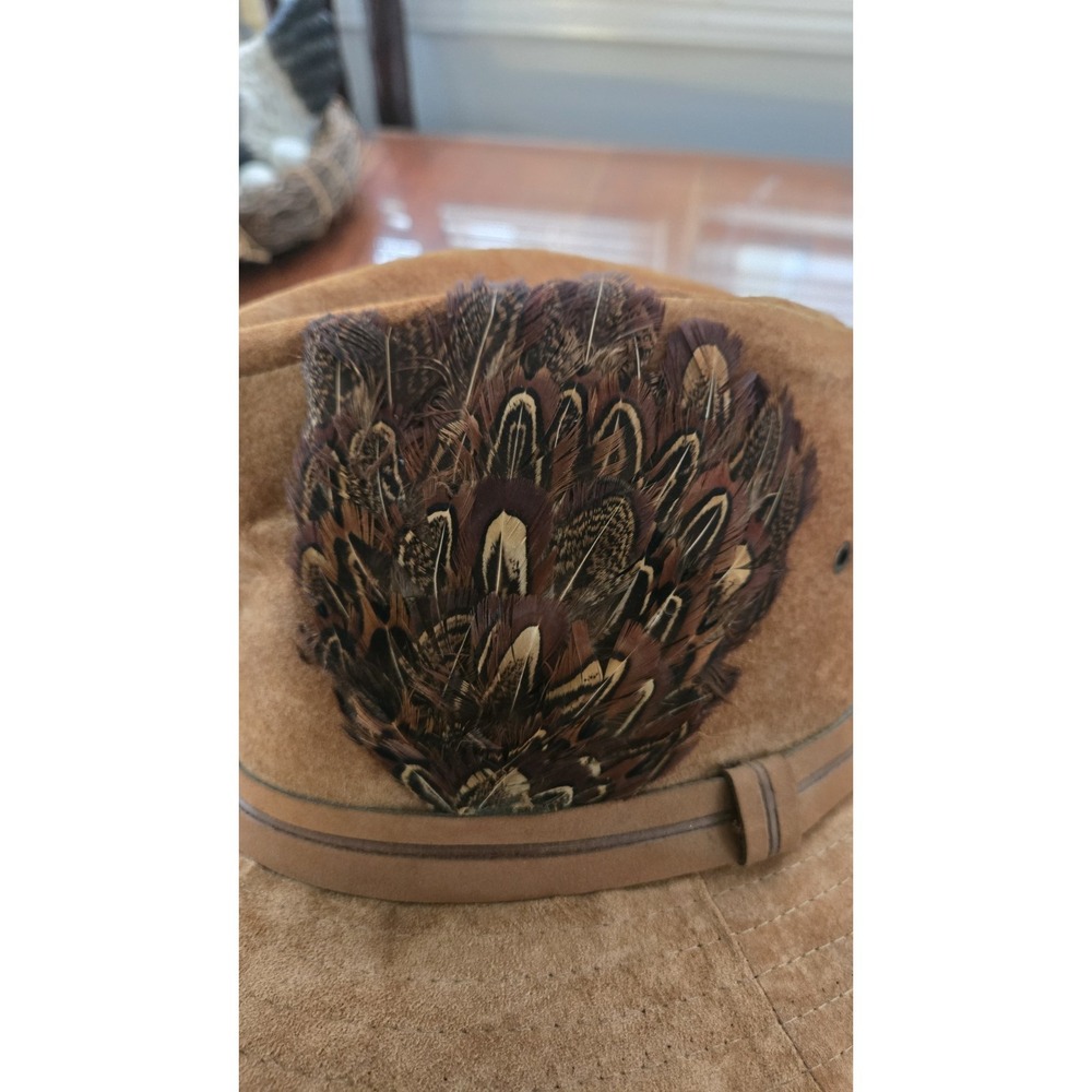 Vintage Suede Fedora Hat Pheasant Feather Trim USA Made Boho Western - Picture 6 of 11